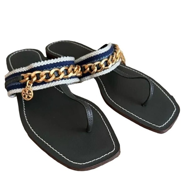 Tory Burch Mini Benton Gold Chain Band Flat Sandals Poblano Yonder Womens 6.5M - Picture 2 of 10